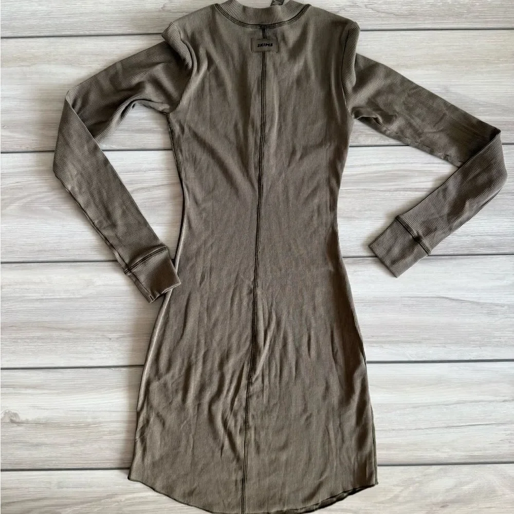 SKIMS Cotton Rib Long Sleeve Dress Olive Green XS NWT